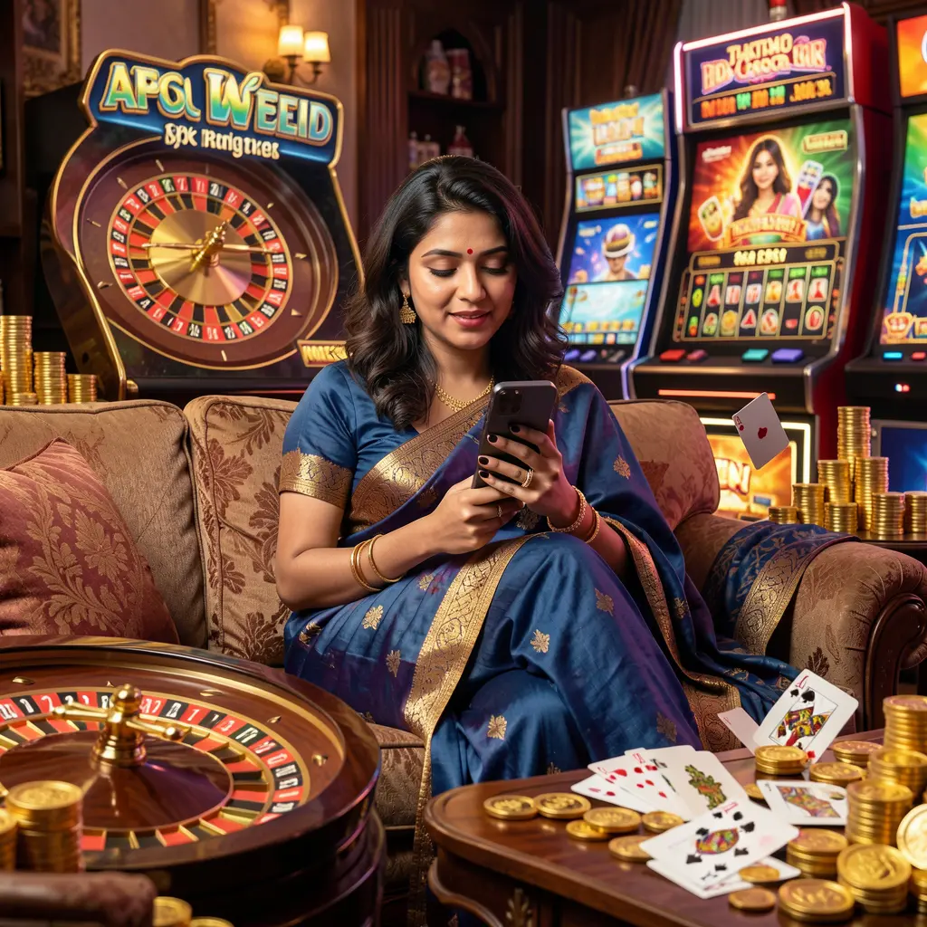 Confident Bangladeshi player using the 5588H casino app on her phone with golden coins cards and roulette creating a premium gaming mood