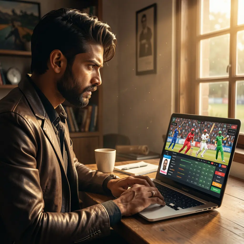 Focused Bangladeshi sports bettor analyzing live cricket odds on a laptop with the 5588H betting platform interface displayed