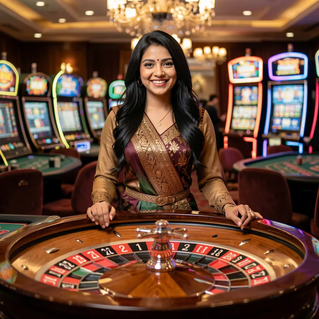 Elegant live casino dealer at a roulette table with bright casino lights creating an immersive gaming atmosphere on 5588H for players in Bangladesh