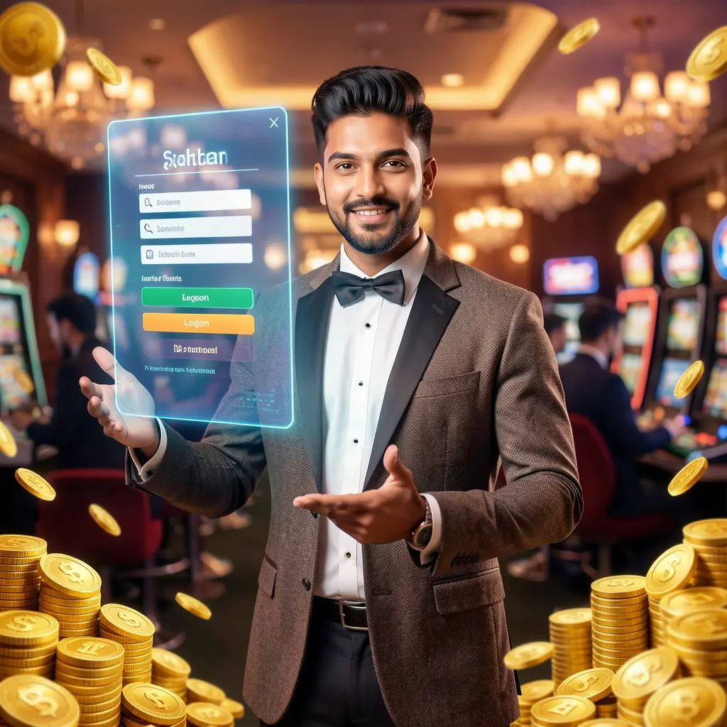 Stylish Bangladeshi casino dealer welcoming players to the 5588H platform with a holographic login interface and glowing casino lights