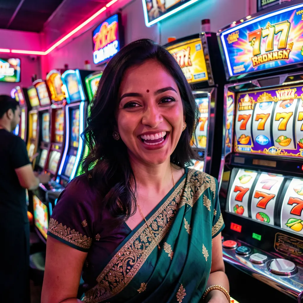 Joyful woman celebrating a win in front of bright 777 slot symbols in a lively casino scene representing premium slot gaming at 5588H for Bangladesh